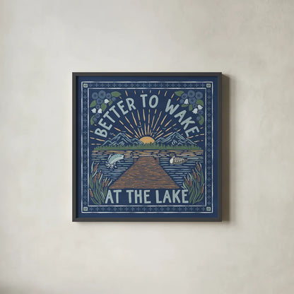 Lakeside Days II Blue by Laura Marshall. Shown in a sleek black glass frame for a contemporary gallery look. Available as an archival giclee rolled canvas, fine art paper, or poster print. SKU 84696a.