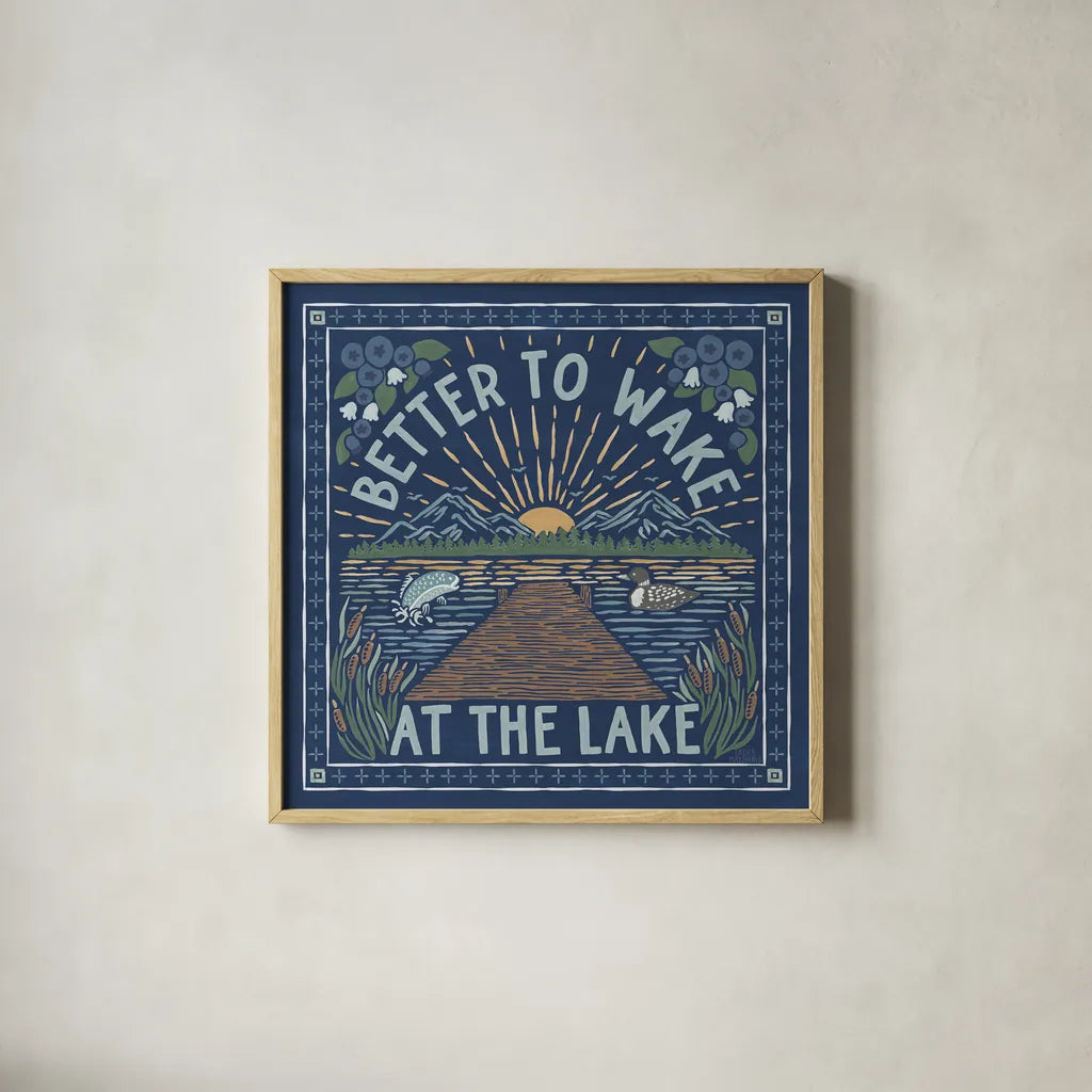 Lakeside Days II Blue by Laura Marshall. Shown in a natural wood glass frame for a timeless modern aesthetic. Available as an archival giclee rolled canvas, fine art paper, or poster print. SKU 84696a.