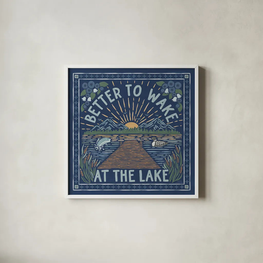 Lakeside Days II Blue by Laura Marshall. Shown in a crisp white glass frame for a clean and minimalist style. Available as an archival giclee rolled canvas, fine art paper, or poster print. SKU 84696a.