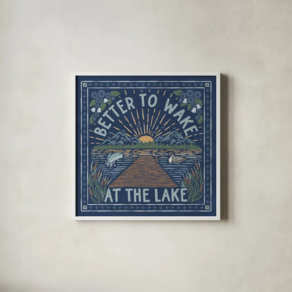 Lakeside Days II Blue by Laura Marshall. Shown in a crisp white glass frame for a clean and minimalist style. Available as an archival giclee rolled canvas, fine art paper, or poster print. SKU 84696a.