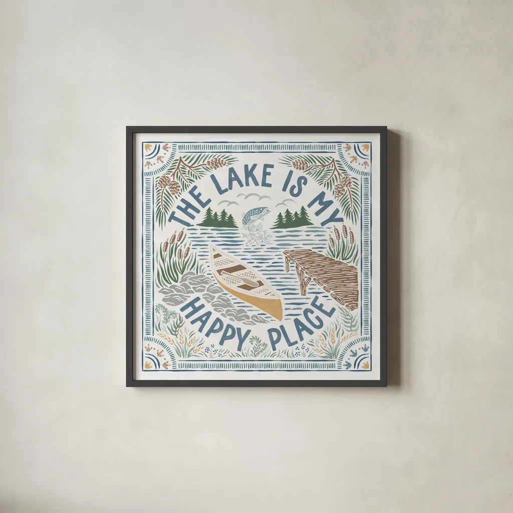 Lakeside Days III by Laura Marshall. Shown in a sleek black glass frame for a contemporary gallery look. Available as an archival giclee rolled canvas, fine art paper, or poster print. SKU 84685a.