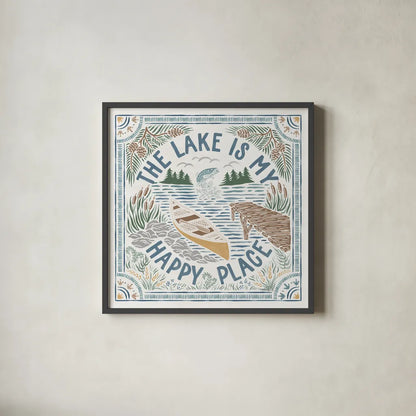 Lakeside Days III by Laura Marshall. Shown in a sleek black glass frame for a contemporary gallery look. Available as an archival giclee rolled canvas, fine art paper, or poster print. SKU 84685a.