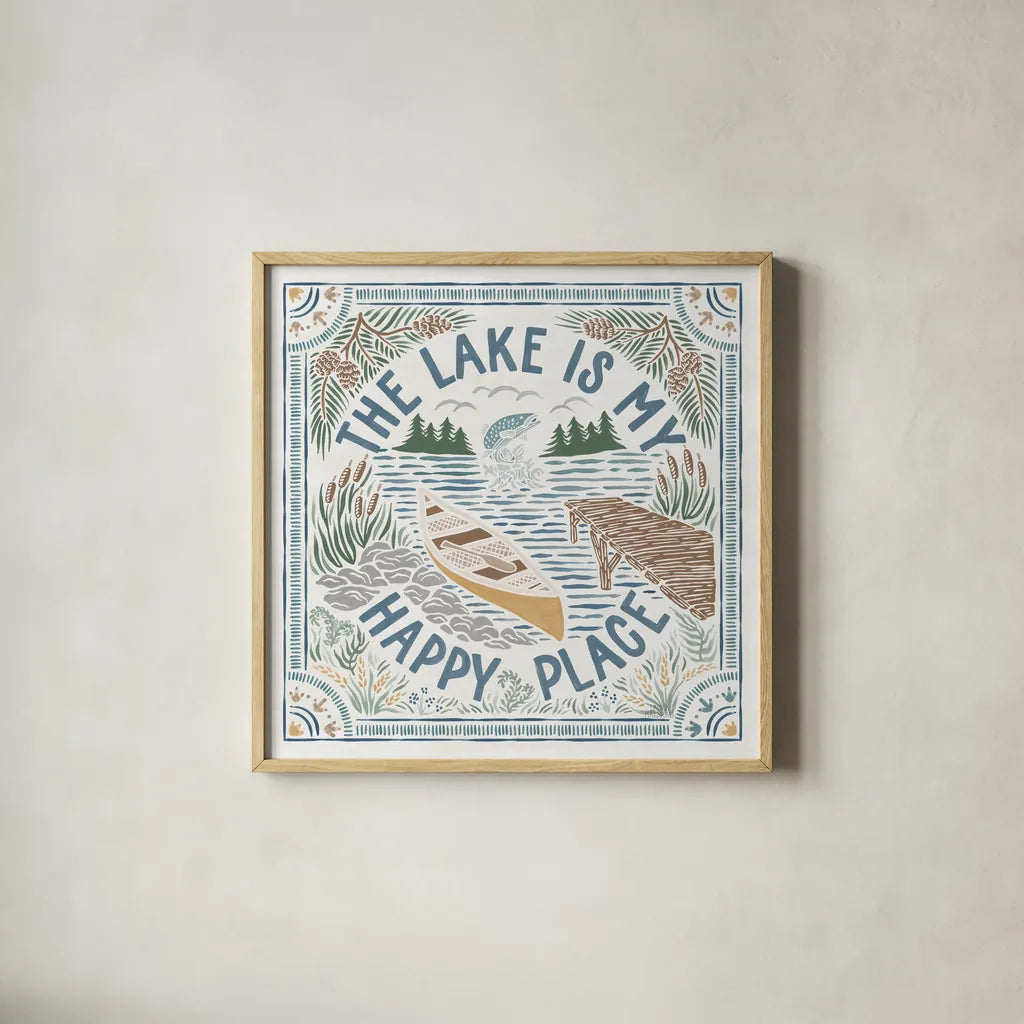Lakeside Days III by Laura Marshall. Shown in a natural wood glass frame for a timeless modern aesthetic. Available as an archival giclee rolled canvas, fine art paper, or poster print. SKU 84685a.