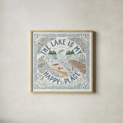 Lakeside Days III by Laura Marshall. Shown in a natural wood glass frame for a timeless modern aesthetic. Available as an archival giclee rolled canvas, fine art paper, or poster print. SKU 84685a.