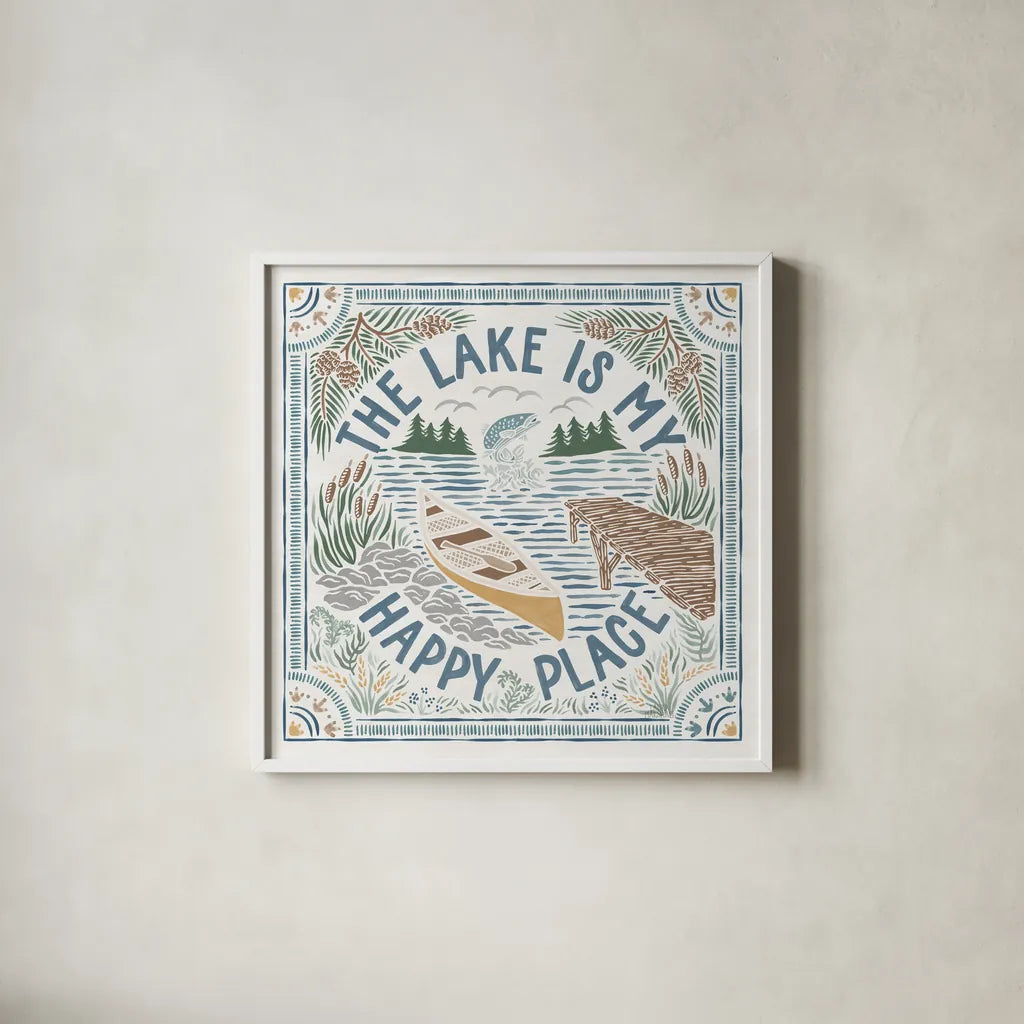 Lakeside Days III by Laura Marshall. Shown in a crisp white glass frame for a clean and minimalist style. Available as an archival giclee rolled canvas, fine art paper, or poster print. SKU 84685a.
