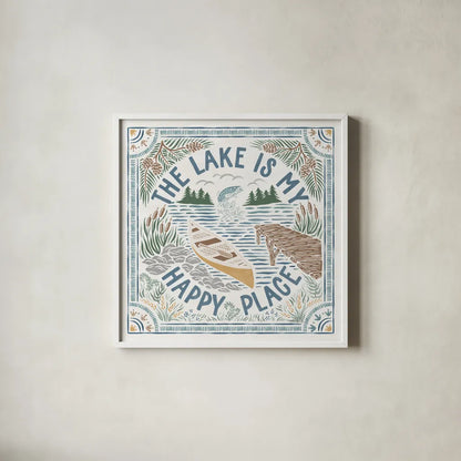 Lakeside Days III by Laura Marshall. Shown in a crisp white glass frame for a clean and minimalist style. Available as an archival giclee rolled canvas, fine art paper, or poster print. SKU 84685a.