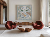Lakeside Days III by Laura Marshall. Shown as extra-large giant wall art in a modern living room. Available as an archival giclee rolled canvas, fine art paper, or poster print. SKU 84685a.