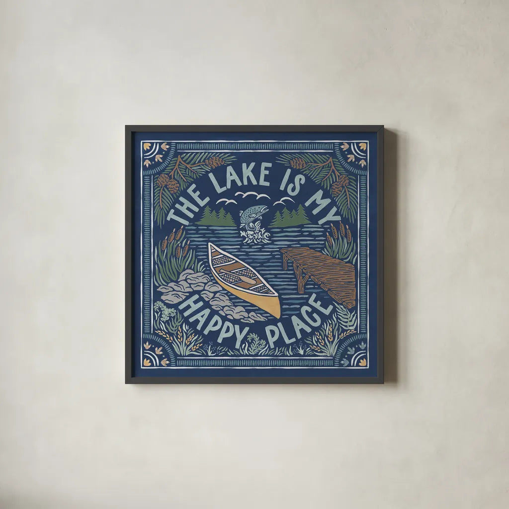 Lakeside Days III Blue by Laura Marshall. Shown in a sleek black glass frame for a contemporary gallery look. Available as an archival giclee rolled canvas, fine art paper, or poster print. SKU 84697a.