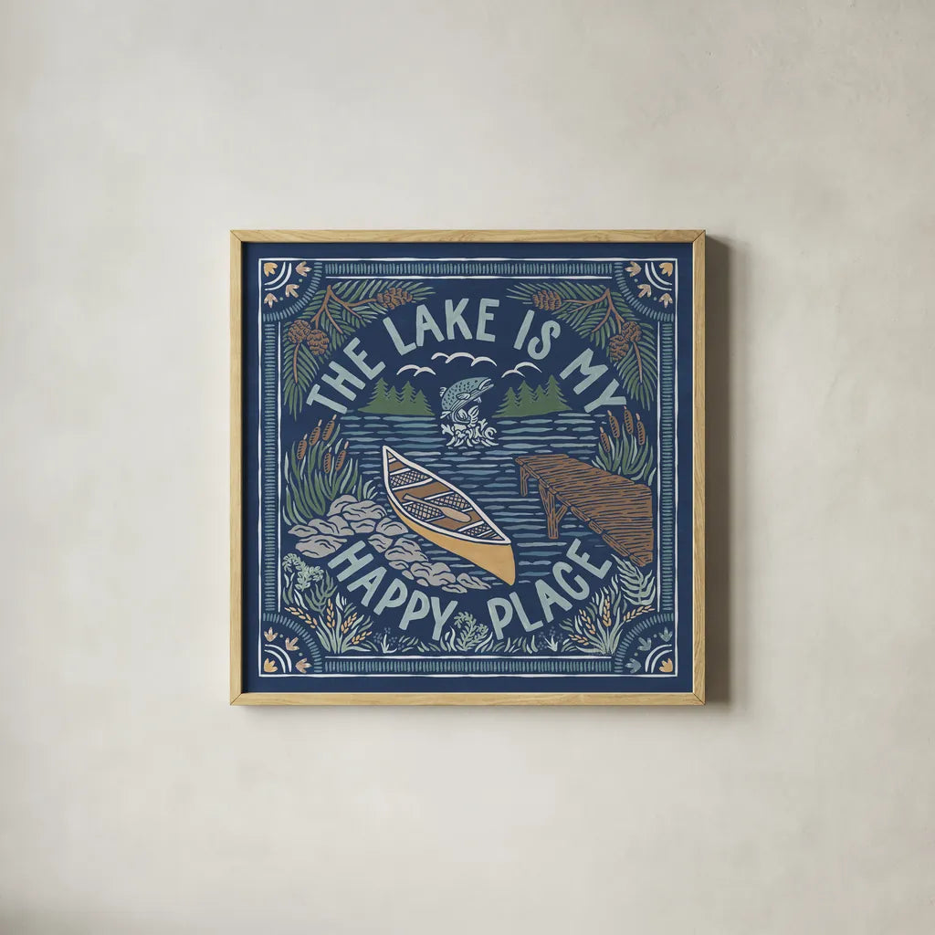 Lakeside Days III Blue by Laura Marshall. Shown in a natural wood glass frame for a timeless modern aesthetic. Available as an archival giclee rolled canvas, fine art paper, or poster print. SKU 84697a.