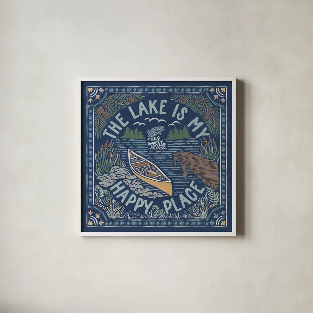 Lakeside Days III Blue by Laura Marshall. Shown in a crisp white glass frame for a clean and minimalist style. Available as an archival giclee rolled canvas, fine art paper, or poster print. SKU 84697a.