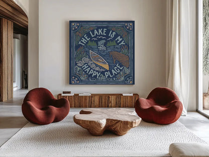 Lakeside Days III Blue by Laura Marshall. Shown as extra-large giant wall art in a modern living room. Available as an archival giclee rolled canvas, fine art paper, or poster print. SKU 84697a.