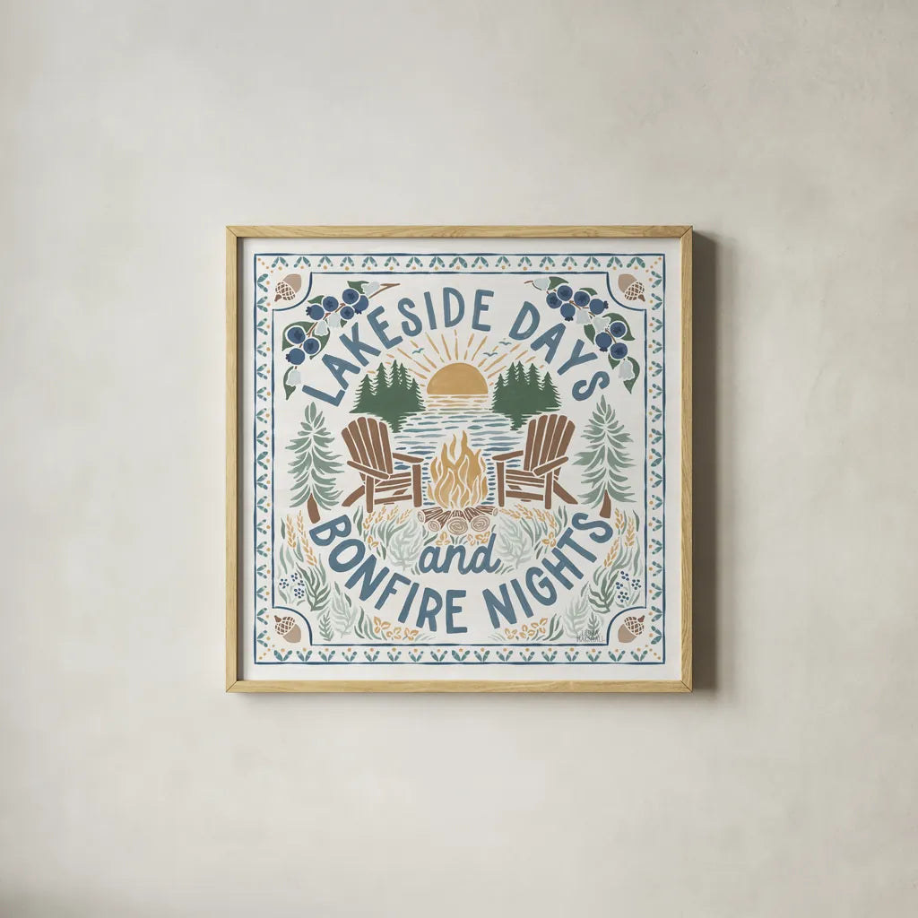 Lakeside Days IV by Laura Marshall. Shown in a natural wood glass frame for a timeless modern aesthetic. Available as an archival giclee rolled canvas, fine art paper, or poster print. SKU 84686a.