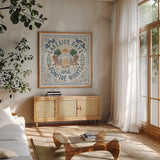 Lakeside Days IV by Laura Marshall. Shown in a natural wood frame in a cozy modern living room. Available as an archival giclee rolled canvas, fine art paper, or poster print. SKU 84686a.