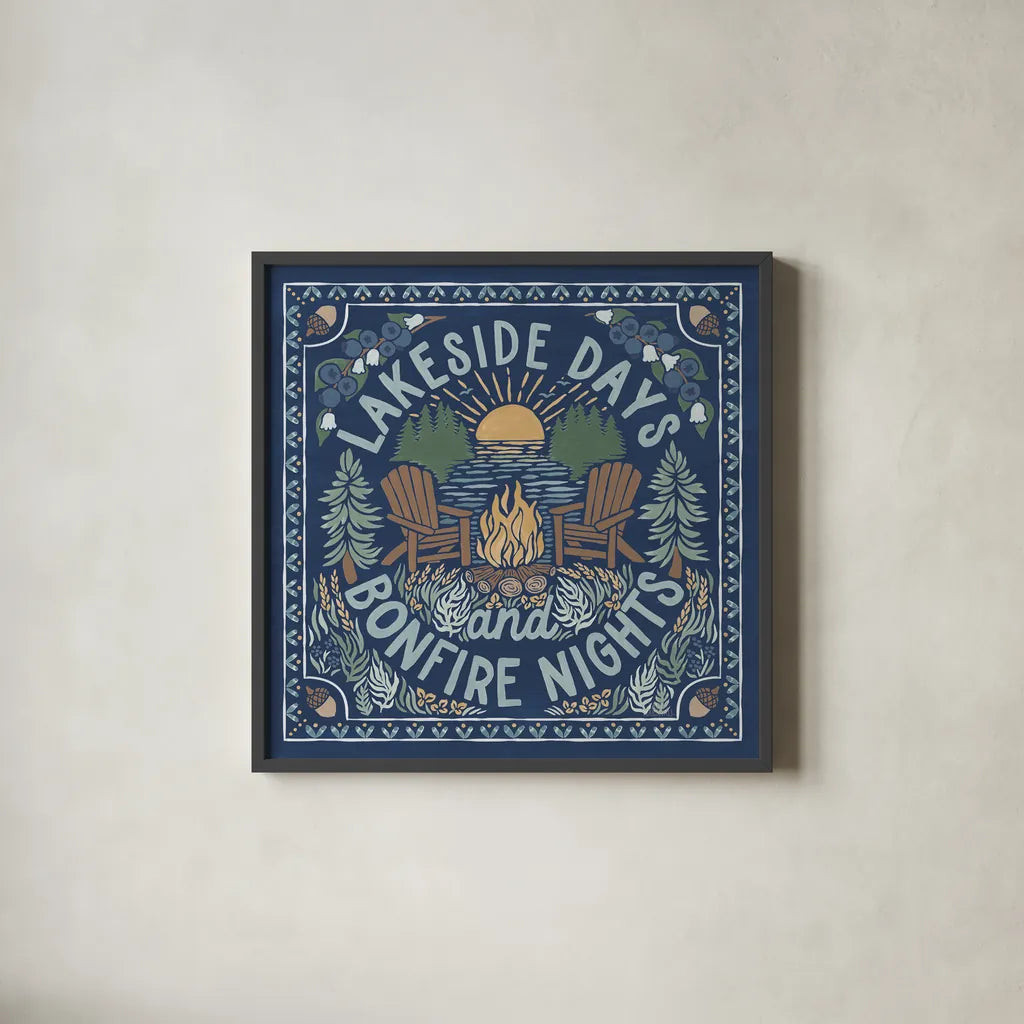 Lakeside Days IV Blue by Laura Marshall. Shown in a sleek black glass frame for a contemporary gallery look. Available as an archival giclee rolled canvas, fine art paper, or poster print. SKU 84698a.