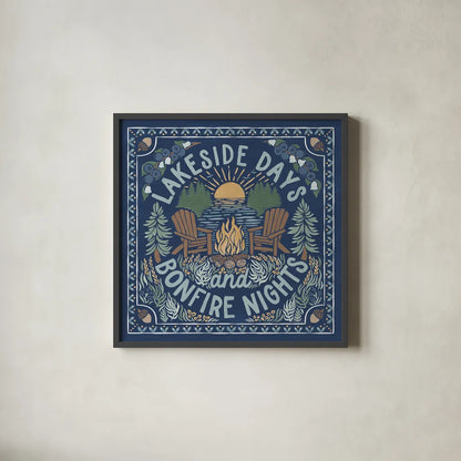 Lakeside Days IV Blue by Laura Marshall. Shown in a sleek black glass frame for a contemporary gallery look. Available as an archival giclee rolled canvas, fine art paper, or poster print. SKU 84698a.