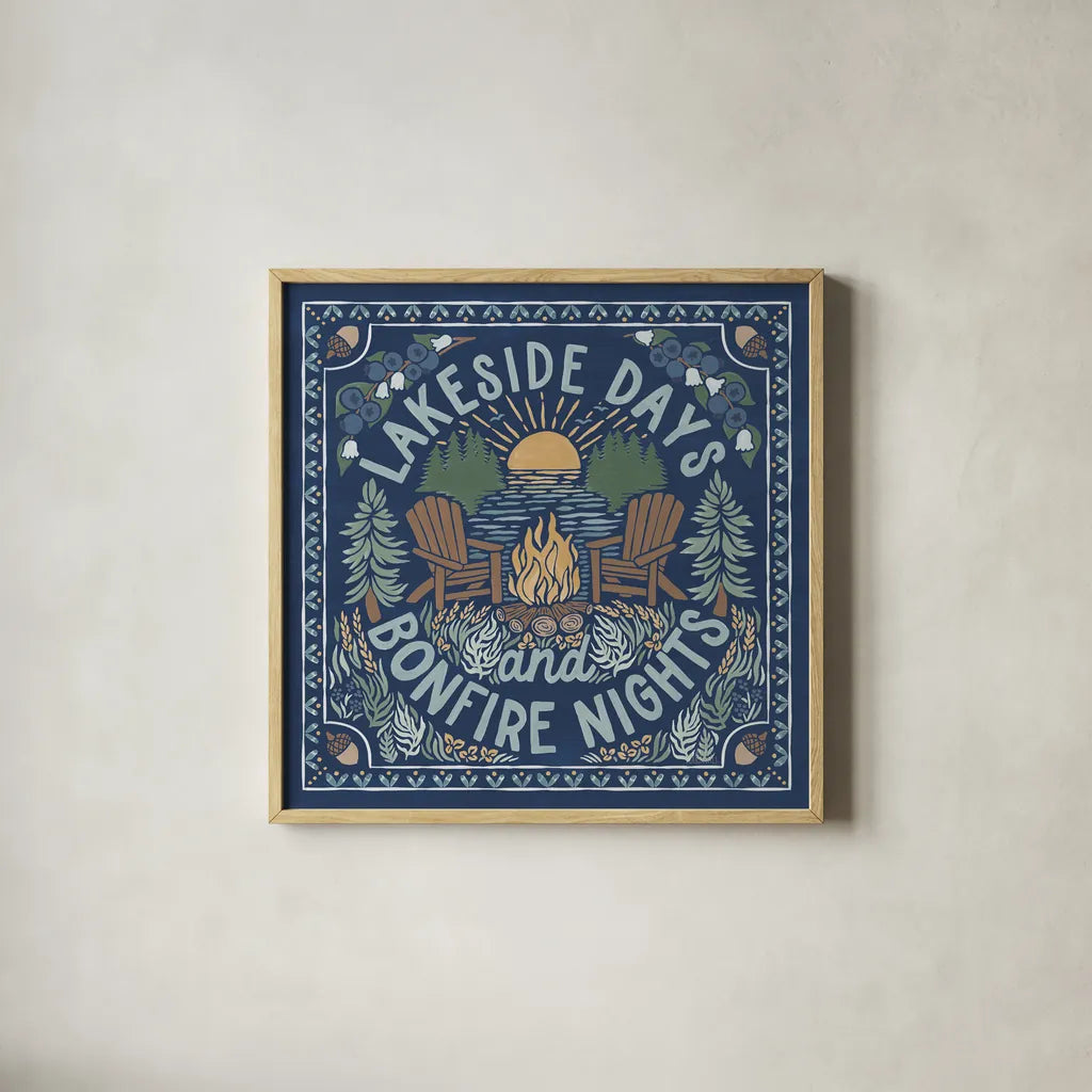 Lakeside Days IV Blue by Laura Marshall. Shown in a natural wood glass frame for a timeless modern aesthetic. Available as an archival giclee rolled canvas, fine art paper, or poster print. SKU 84698a.