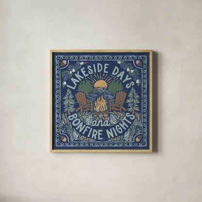 Lakeside Days IV Blue by Laura Marshall. Shown in a natural wood glass frame for a timeless modern aesthetic. Available as an archival giclee rolled canvas, fine art paper, or poster print. SKU 84698a.