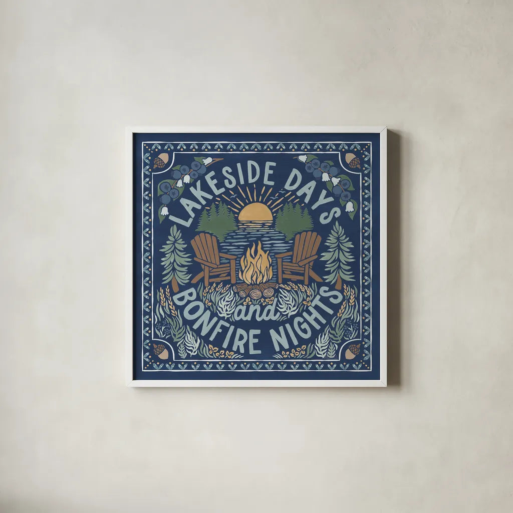 Lakeside Days IV Blue by Laura Marshall. Shown in a crisp white glass frame for a clean and minimalist style. Available as an archival giclee rolled canvas, fine art paper, or poster print. SKU 84698a.