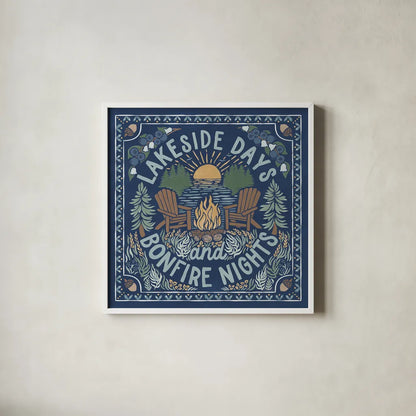 Lakeside Days IV Blue by Laura Marshall. Shown in a crisp white glass frame for a clean and minimalist style. Available as an archival giclee rolled canvas, fine art paper, or poster print. SKU 84698a.