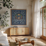Lakeside Days IV Blue by Laura Marshall. Shown in a natural wood frame in a cozy modern living room. Available as an archival giclee rolled canvas, fine art paper, or poster print. SKU 84698a.