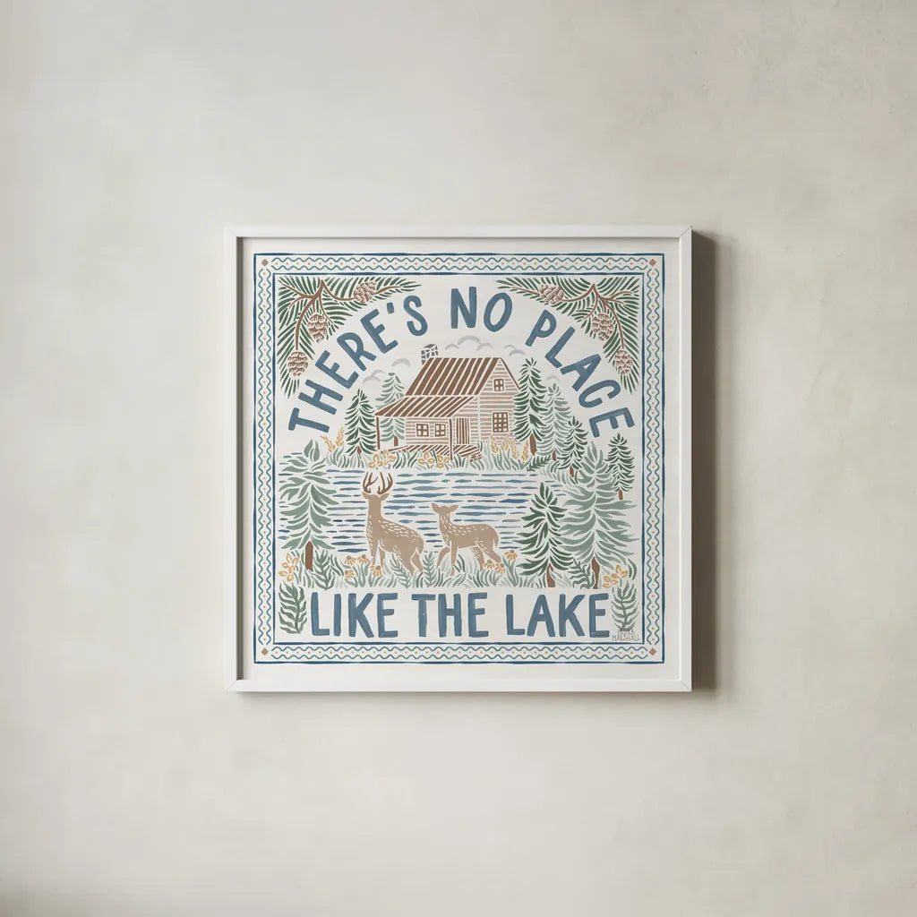 Lakeside Days V by Laura Marshall. Shown in a crisp white glass frame for a clean and minimalist style. Available as an archival giclee rolled canvas, fine art paper, or poster print. SKU 84687a.