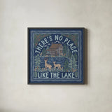 Lakeside Days V Blue by Laura Marshall. Shown in a sleek black glass frame for a contemporary gallery look. Available as an archival giclee rolled canvas, fine art paper, or poster print. SKU 84699a.