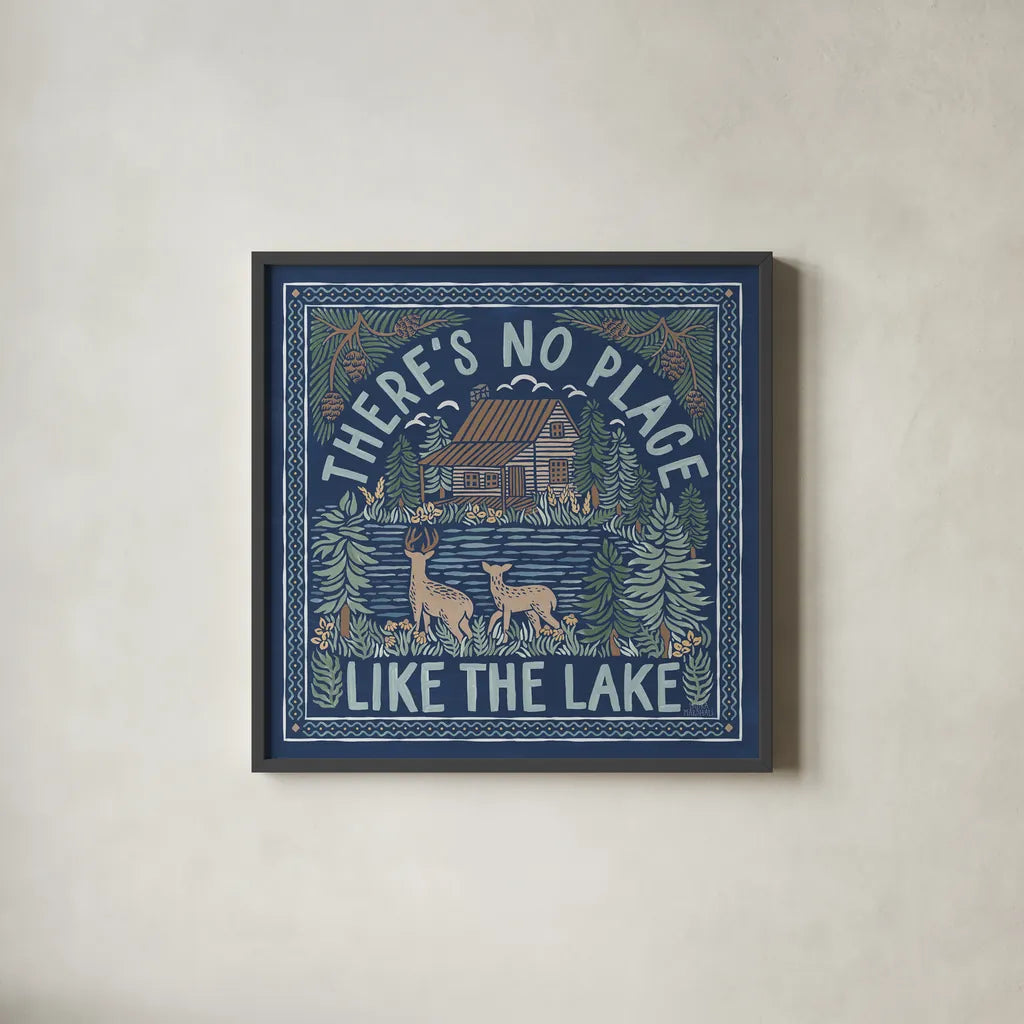 Lakeside Days V Blue by Laura Marshall. Shown in a sleek black glass frame for a contemporary gallery look. Available as an archival giclee rolled canvas, fine art paper, or poster print. SKU 84699a.