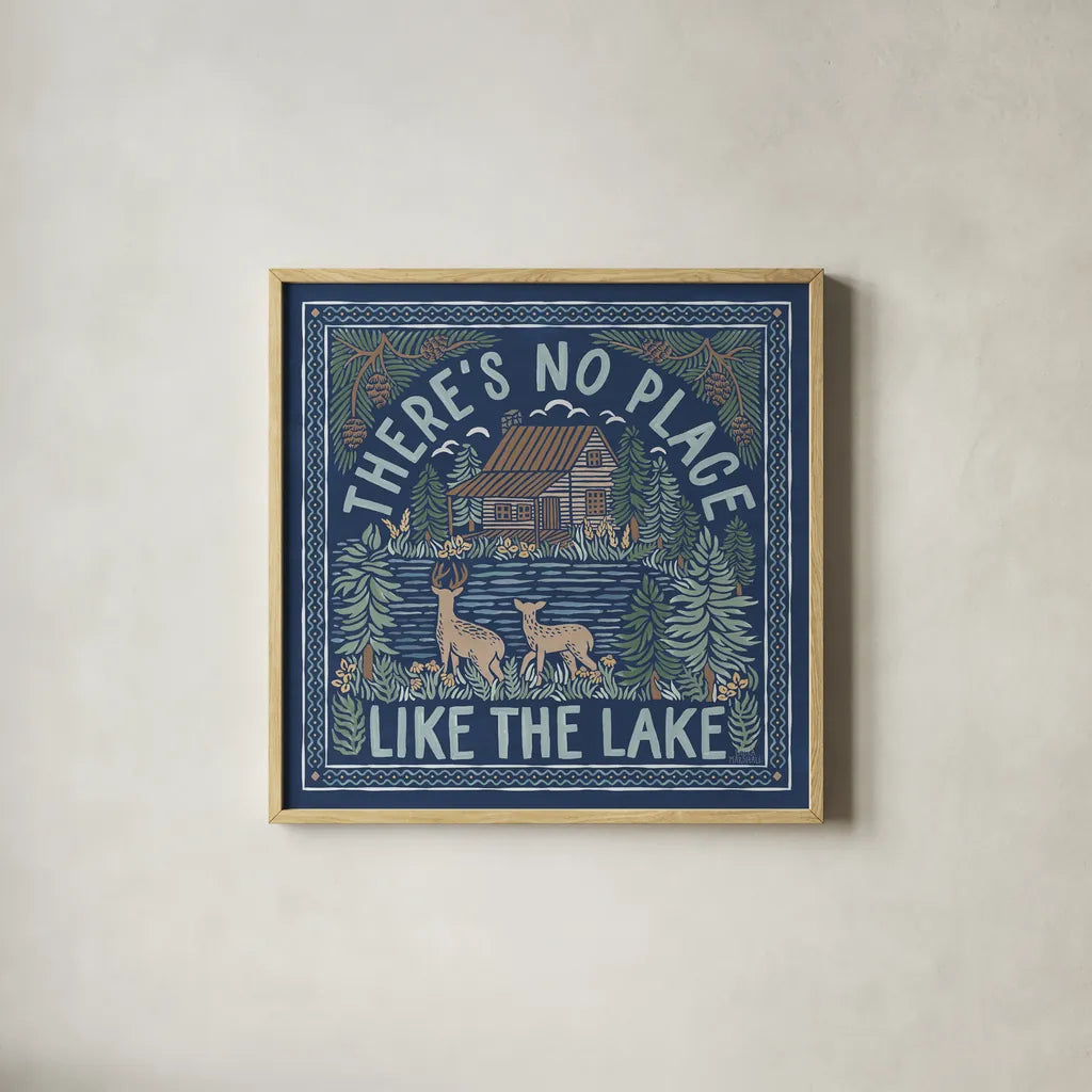 Lakeside Days V Blue by Laura Marshall. Shown in a natural wood glass frame for a timeless modern aesthetic. Available as an archival giclee rolled canvas, fine art paper, or poster print. SKU 84699a.
