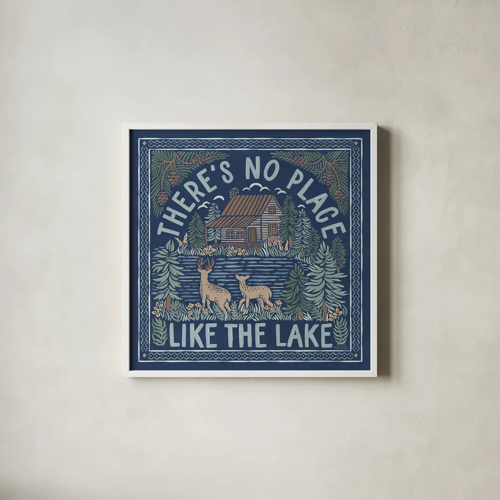 Lakeside Days V Blue by Laura Marshall. Shown in a crisp white glass frame for a clean and minimalist style. Available as an archival giclee rolled canvas, fine art paper, or poster print. SKU 84699a.