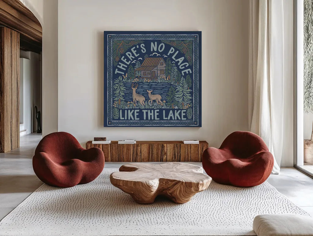 Lakeside Days V Blue by Laura Marshall. Shown as extra-large giant wall art in a modern living room. Available as an archival giclee rolled canvas, fine art paper, or poster print. SKU 84699a.