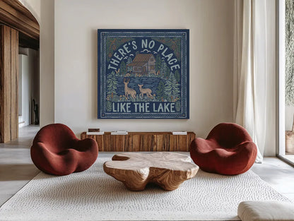 Lakeside Days V Blue by Laura Marshall. Shown as extra-large giant wall art in a modern living room. Available as an archival giclee rolled canvas, fine art paper, or poster print. SKU 84699a.