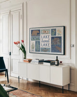 Lakeside Days VI by Laura Marshall. shown as a framed stretched canvas in a living room above a console. Available as a archival giclee rolled canvas, fine art paper, or poster print. SKU 84688i.