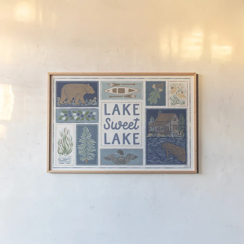 Lakeside Days VI by Laura Marshall. shown as a paper print in a natural frame. Available as a archival giclee rolled canvas, fine art paper, or poster print. SKU 84688i.