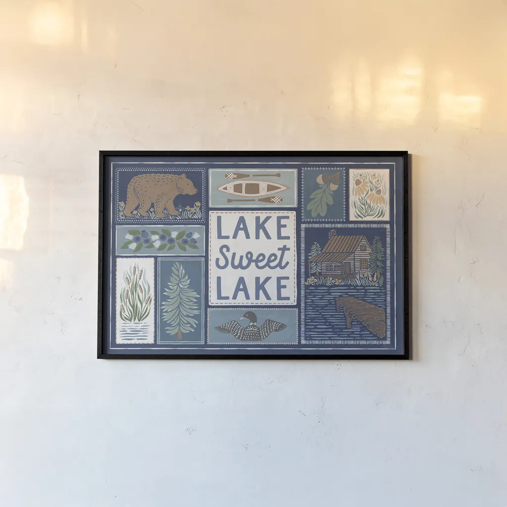 Lakeside Days VI Blue by Laura Marshall. shown as a paper print in a black flame. Available as a archival giclee rolled canvas, fine art paper, or poster print. SKU 84700i.