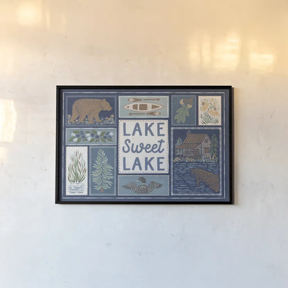 Lakeside Days VI Blue by Laura Marshall. shown as a paper print in a black flame. Available as a archival giclee rolled canvas, fine art paper, or poster print. SKU 84700i.