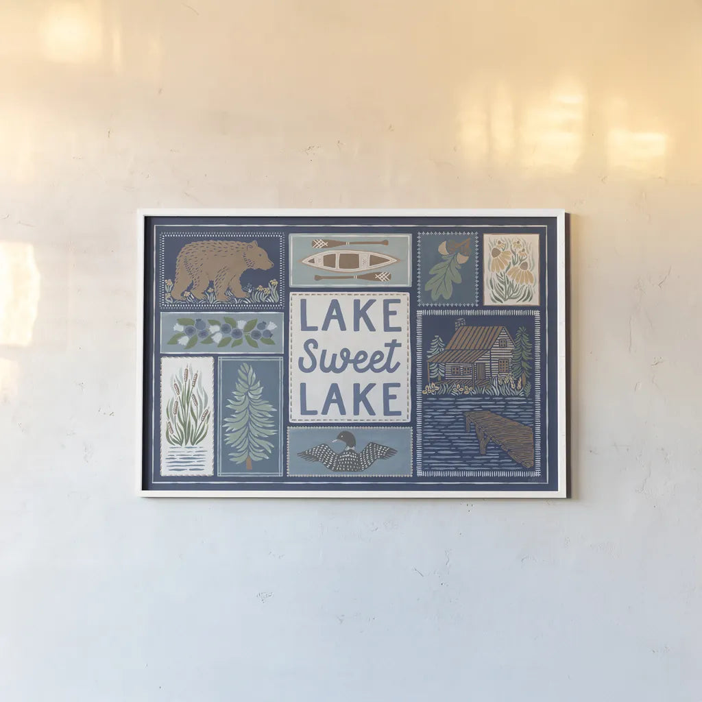 Lakeside Days VI Blue by Laura Marshall. shown as a paper print in a white frame. Available as a archival giclee rolled canvas, fine art paper, or poster print. SKU 84700i.