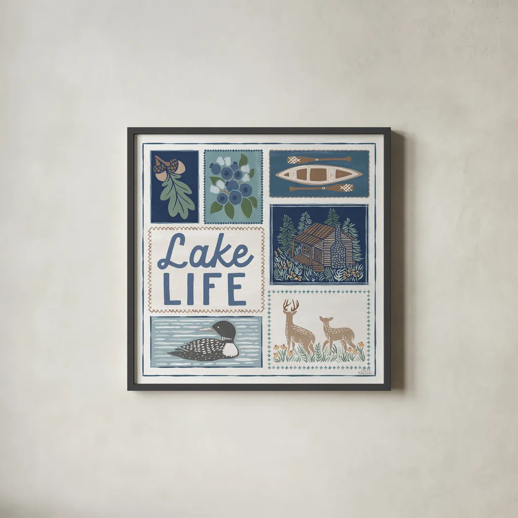 Lakeside Days VII by Laura Marshall. Shown in a sleek black glass frame for a contemporary gallery look. Available as an archival giclee rolled canvas, fine art paper, or poster print. SKU 84689a.