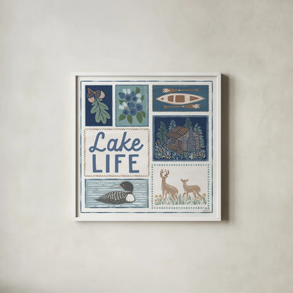 Lakeside Days VII by Laura Marshall. Shown in a crisp white glass frame for a clean and minimalist style. Available as an archival giclee rolled canvas, fine art paper, or poster print. SKU 84689a.