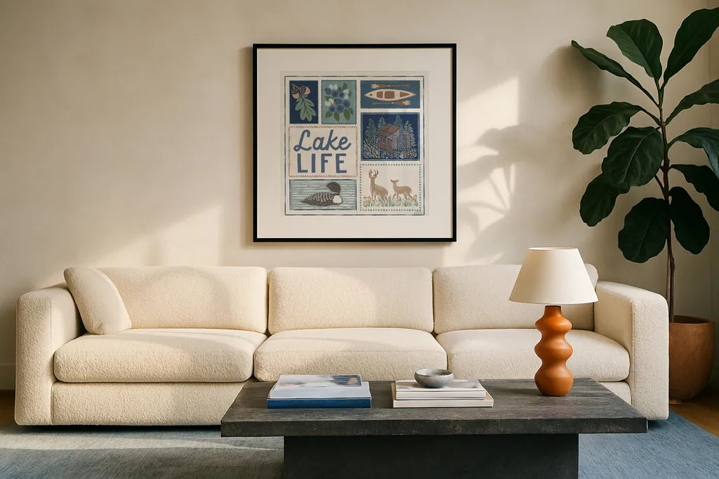 Lakeside Days VII by Laura Marshall. Displayed in a glass frame with matte in a clean modern living room. Available as an archival giclee rolled canvas, fine art paper, or poster print. SKU 84689a.