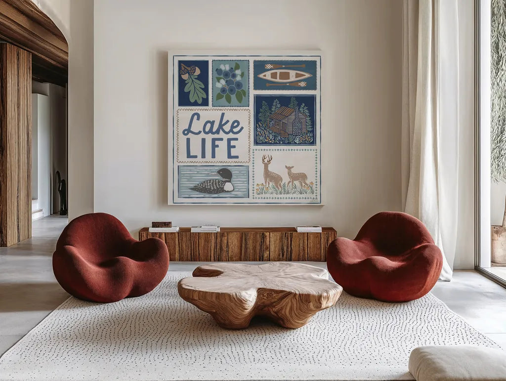 Lakeside Days VII by Laura Marshall. Shown as extra-large giant wall art in a modern living room. Available as an archival giclee rolled canvas, fine art paper, or poster print. SKU 84689a.