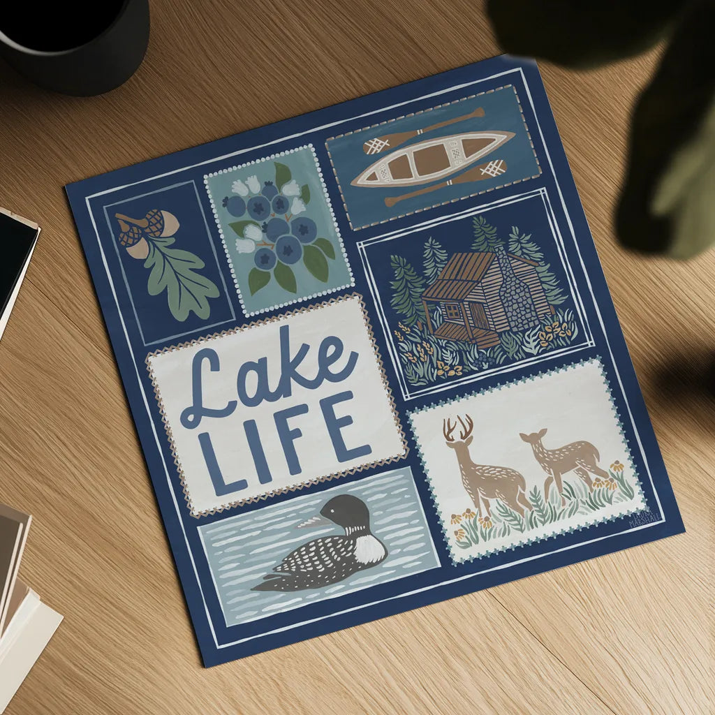Lakeside Days VII Blue by Laura Marshall. Shown as a detailed flat fine art print, highlighting archival giclee quality. Available as an archival giclee rolled canvas, fine art paper, or poster print. SKU 84701a.