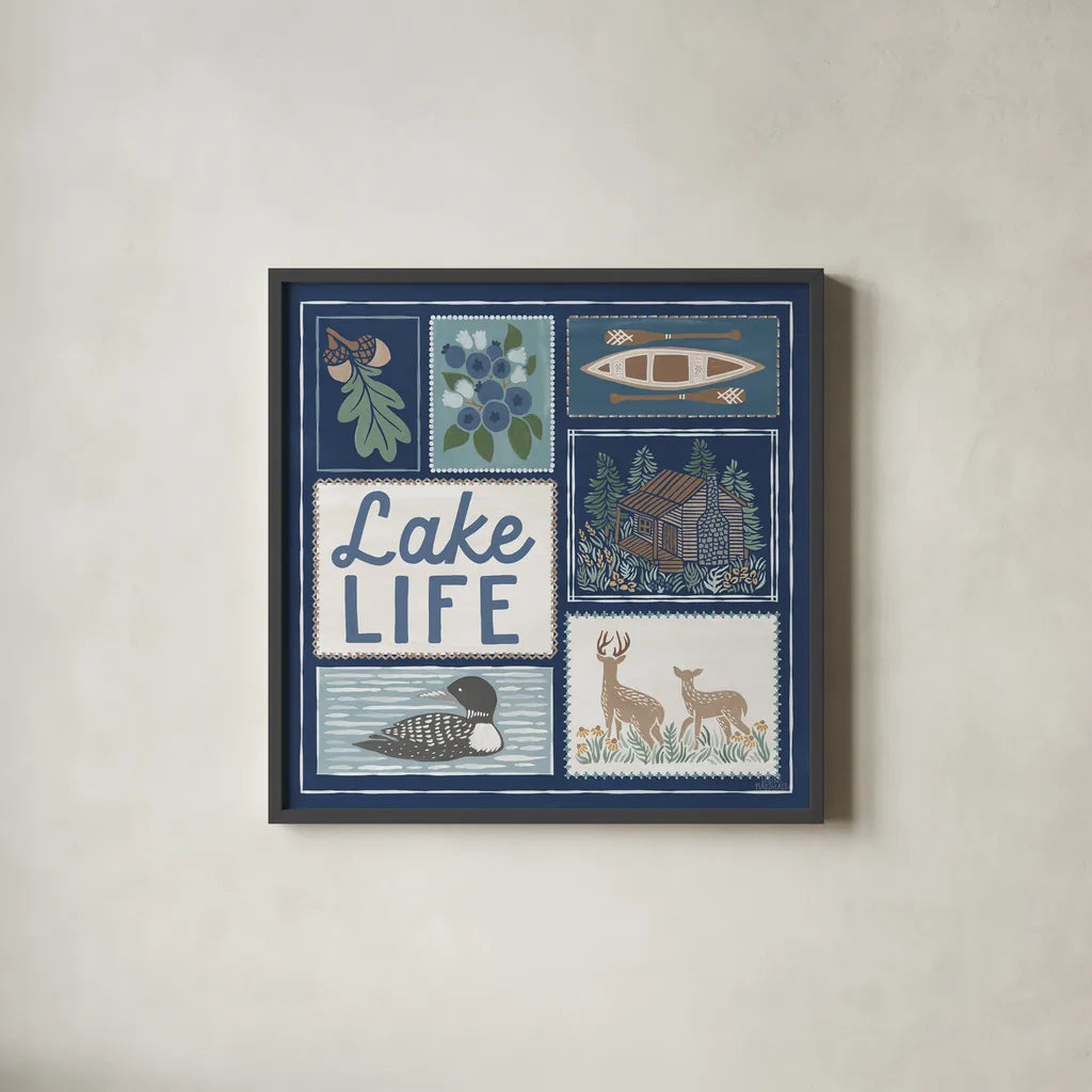 Lakeside Days VII Blue by Laura Marshall. Shown in a sleek black glass frame for a contemporary gallery look. Available as an archival giclee rolled canvas, fine art paper, or poster print. SKU 84701a.