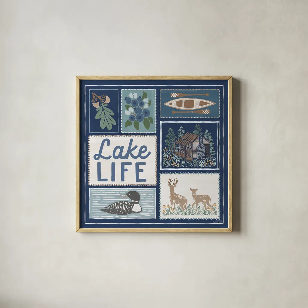 Lakeside Days VII Blue by Laura Marshall. Shown in a natural wood glass frame for a timeless modern aesthetic. Available as an archival giclee rolled canvas, fine art paper, or poster print. SKU 84701a.