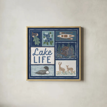 Lakeside Days VII Blue by Laura Marshall. Shown in a natural wood glass frame for a timeless modern aesthetic. Available as an archival giclee rolled canvas, fine art paper, or poster print. SKU 84701a.