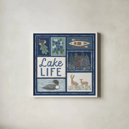 Lakeside Days VII Blue by Laura Marshall. Shown in a crisp white glass frame for a clean and minimalist style. Available as an archival giclee rolled canvas, fine art paper, or poster print. SKU 84701a.