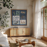 Lakeside Days VII Blue by Laura Marshall. Shown in a natural wood frame in a cozy modern living room. Available as an archival giclee rolled canvas, fine art paper, or poster print. SKU 84701a.