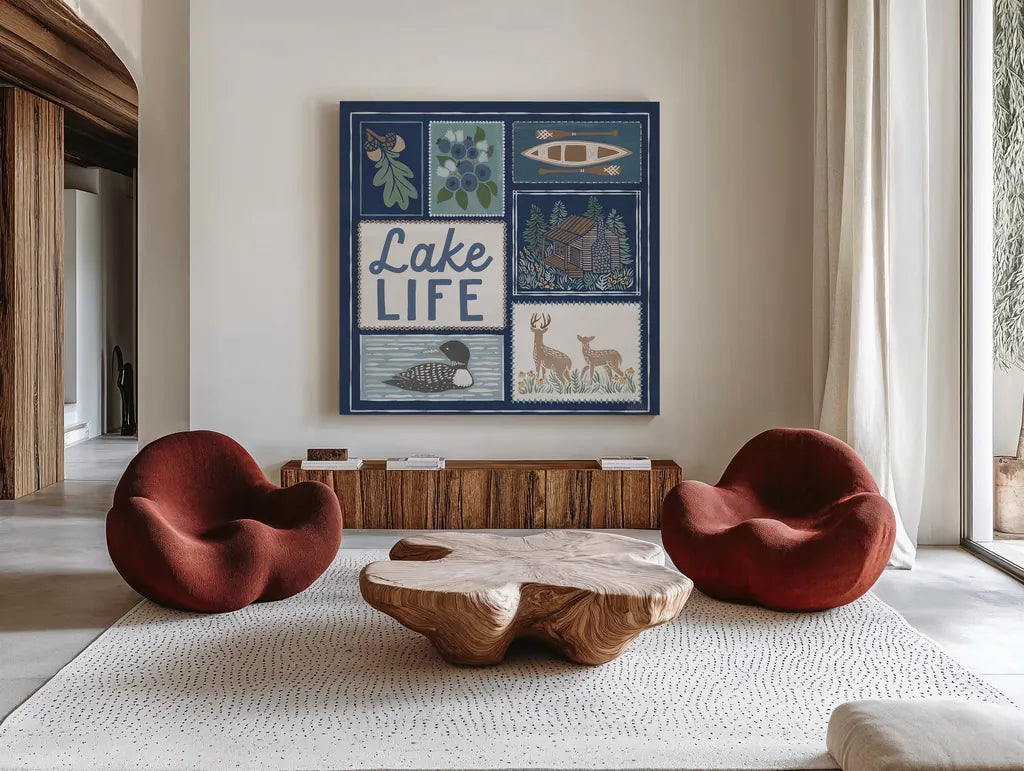 Lakeside Days VII Blue by Laura Marshall. Shown as extra-large giant wall art in a modern living room. Available as an archival giclee rolled canvas, fine art paper, or poster print. SKU 84701a.