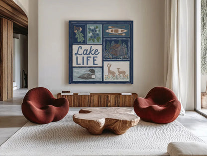 Lakeside Days VII Blue by Laura Marshall. Shown as extra-large giant wall art in a modern living room. Available as an archival giclee rolled canvas, fine art paper, or poster print. SKU 84701a.