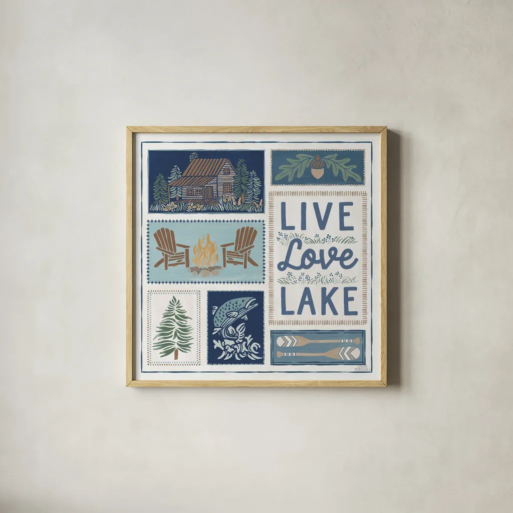 Lakeside Days VIII by Laura Marshall. Shown in a natural wood glass frame for a timeless modern aesthetic. Available as an archival giclee rolled canvas, fine art paper, or poster print. SKU 84690a.
