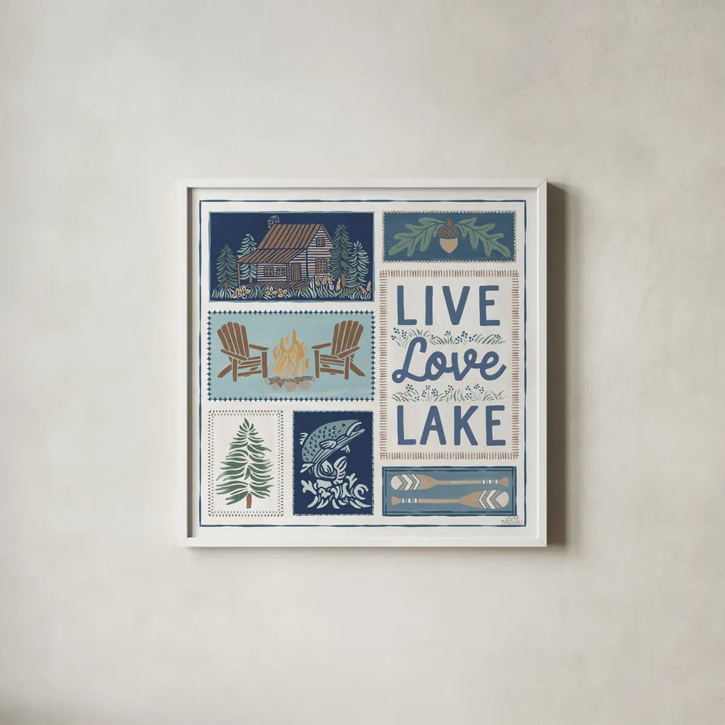 Lakeside Days VIII by Laura Marshall. Shown in a crisp white glass frame for a clean and minimalist style. Available as an archival giclee rolled canvas, fine art paper, or poster print. SKU 84690a.